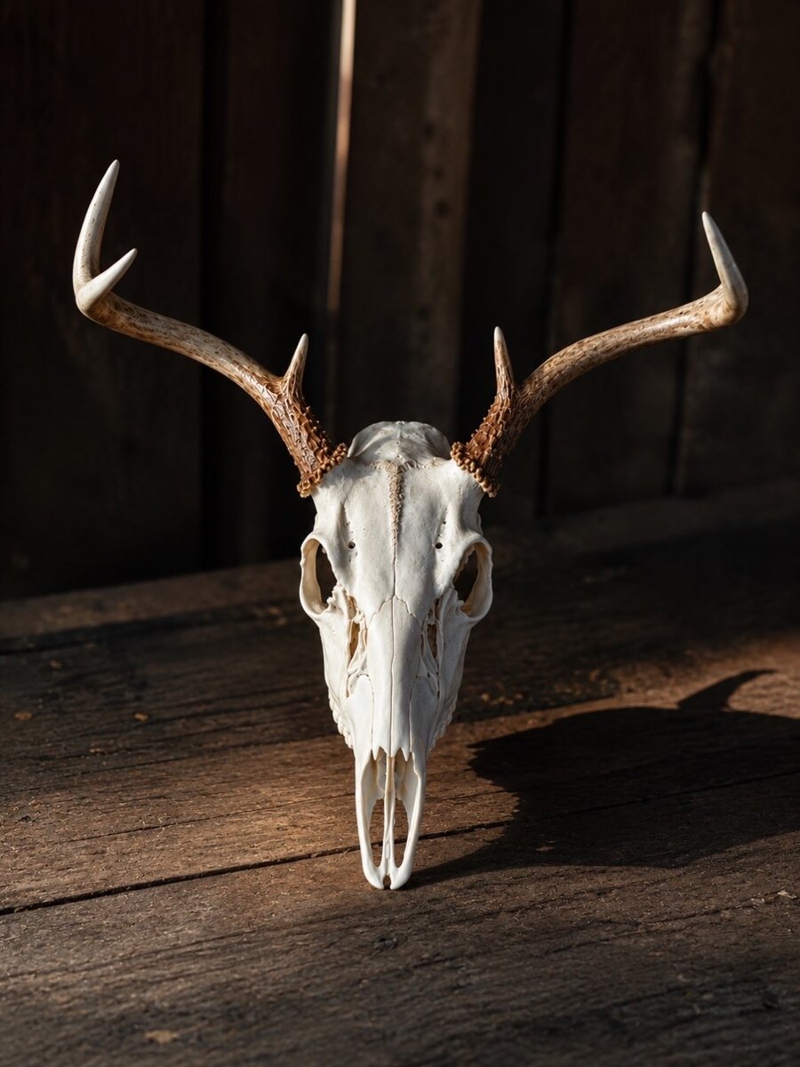 European skull mount, whitened, on a wood table